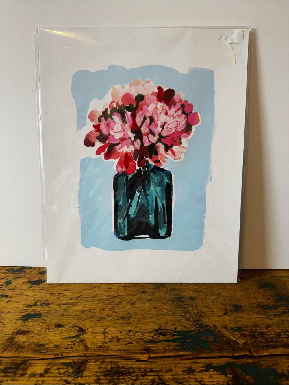 Floral Bouquet Watercolor Print in Pink with Blue Vase